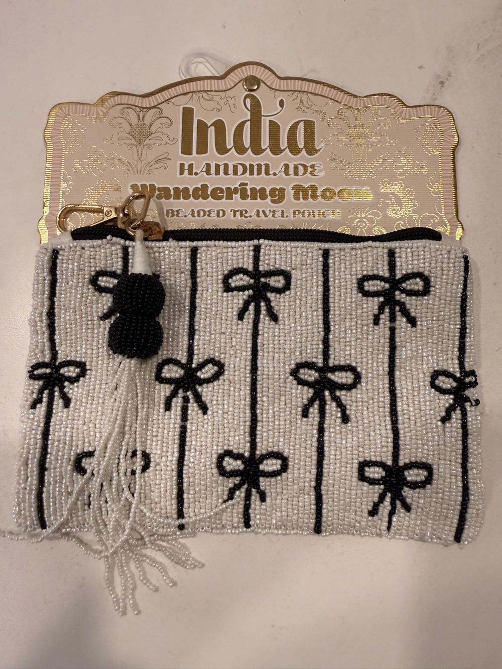 NWT Beaded Bow Pouch - White & Black